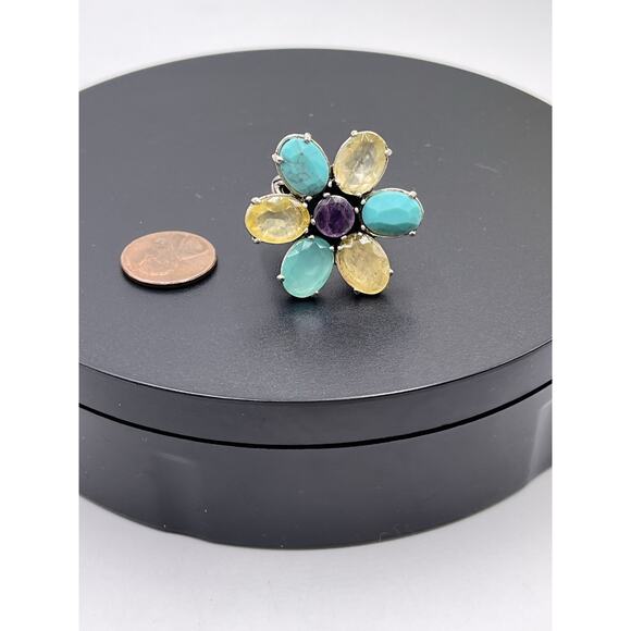 Lucky Brand Flower Resin Glass Amethyst Blue Yellow Purple Ring Sz 7 - Picture 7 of 7